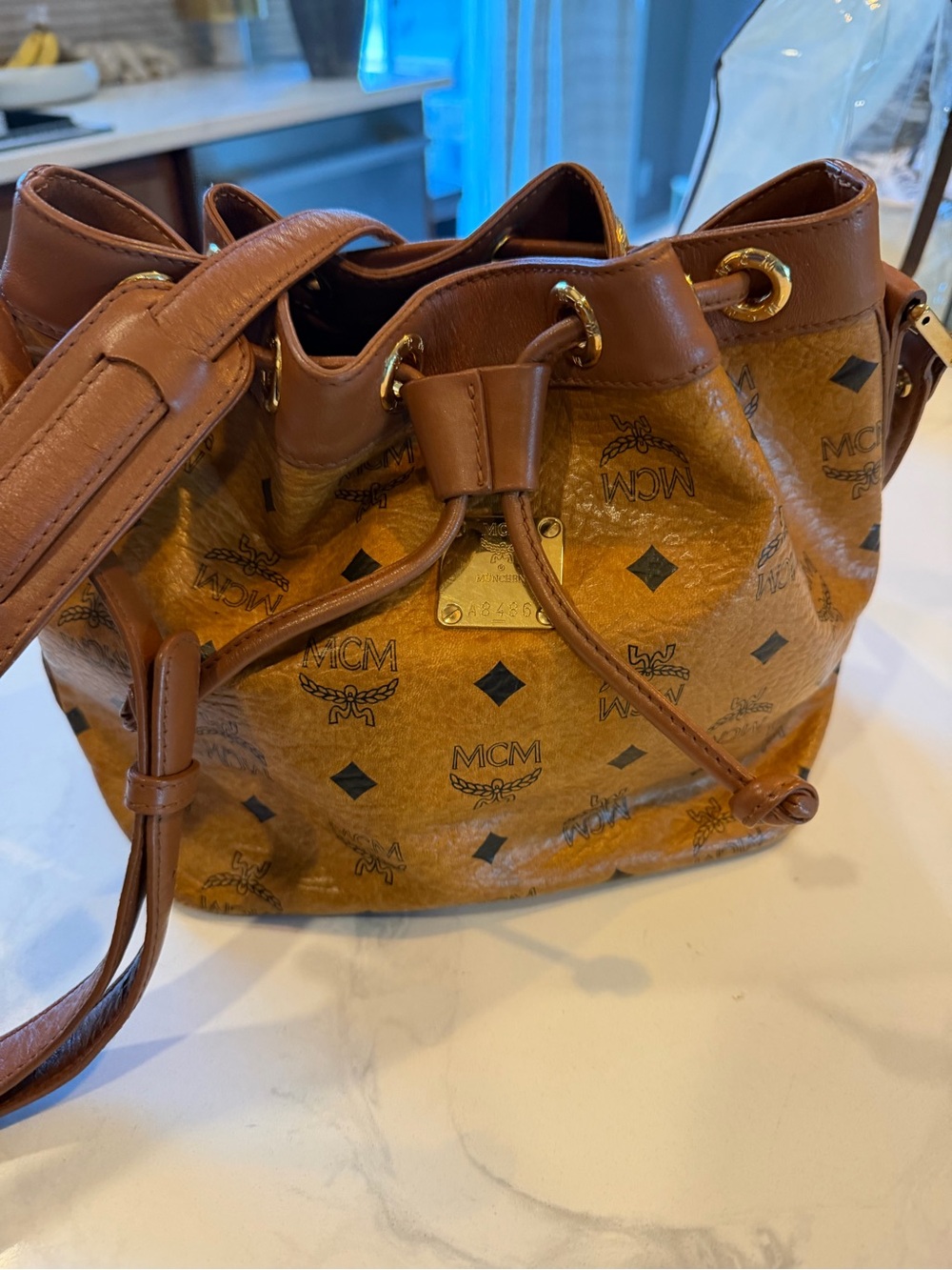 MCM Cognac Visetos Drawstring Bucket Shoulder Bag